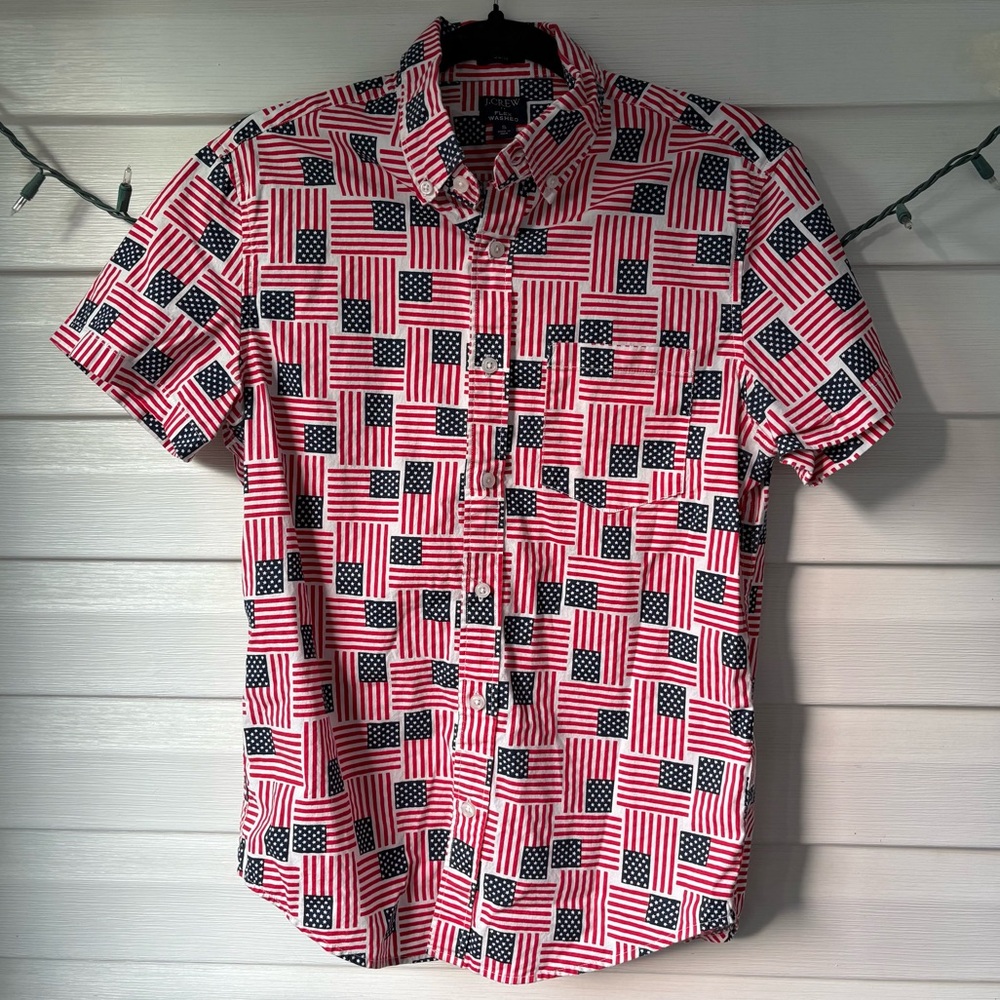 J. Crew | Men's Short Sleeve Button down Flag Pattern Patriotic Shirt EUC